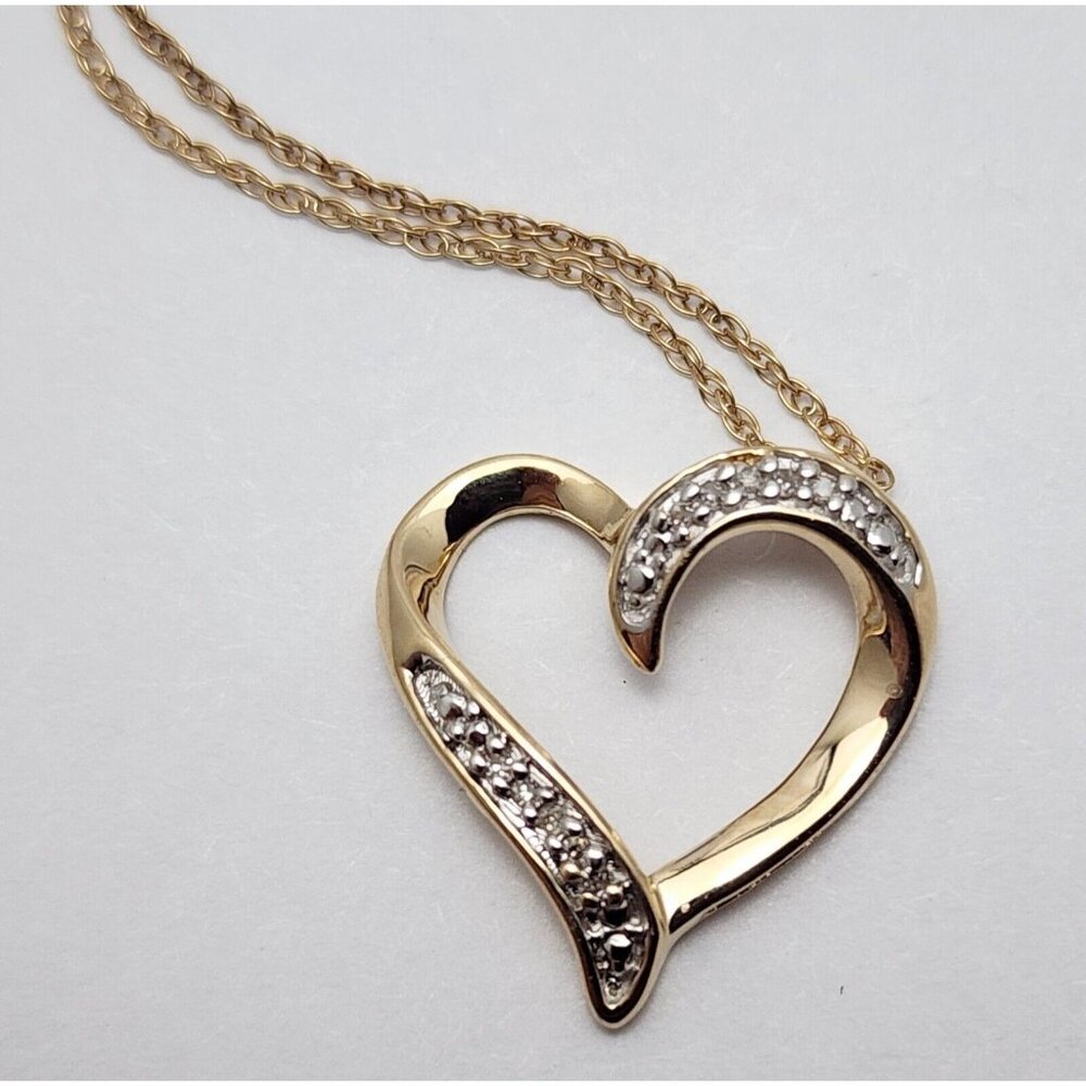 10K Solid Yellow Gold Open Heart Diamond Charm Pendant & Link Chain Necklace